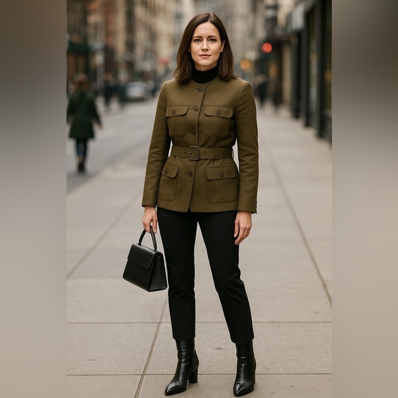 Jones New York Collarless Belted Blazer Jacket Army Green Military size 12 - Picture 16 of 16